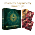 The product box and four character cards for 'Character Asymmetry Power-Ups' (Modern Mint) are displayed on a clean white background with gold text at the top. The box is dark green with gold details, and the cards are gold and dark red.